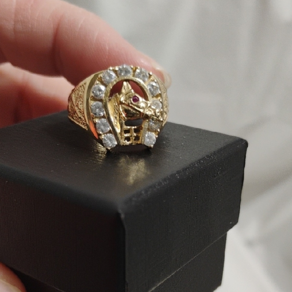 SALE! RARE! 40's 14kt Elegant Gold Horse Shoe Ring 11 Diamonds & 1 Ruby Eye - Picture 10 of 12